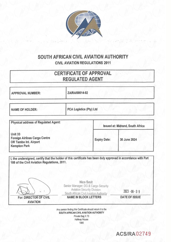 Regulated Agent Approval Certificate